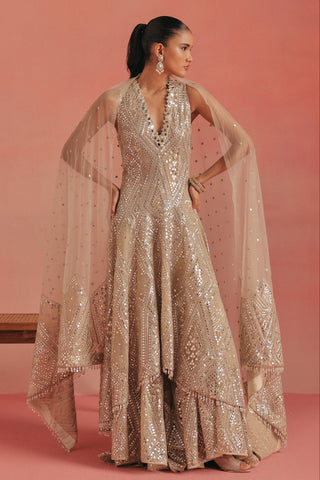 Wide front view of the jacket and dupatta in the studio, gold ziya high low jacket set by Twenty Nine at Mrs. G