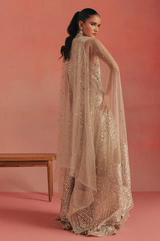 Side-back view of the long net dupatta over the hi-low jacket, gold ziya high low jacket set by Twenty Nine at Mrs. G