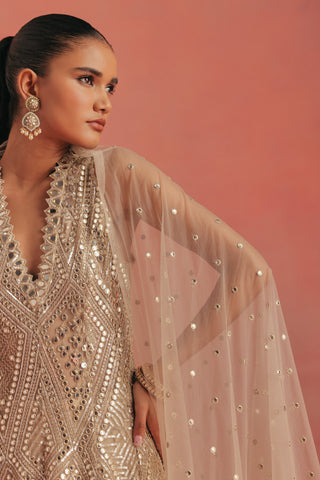 Close-up of the mirror work neckline with the sheer dupatta over the shoulder, gold ziya high low jacket set by Twenty Nine at Mrs. G