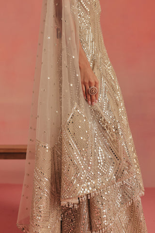 Detail of the dupatta and mirror work down the jacket front, gold ziya high low jacket set by Twenty Nine at Mrs. G