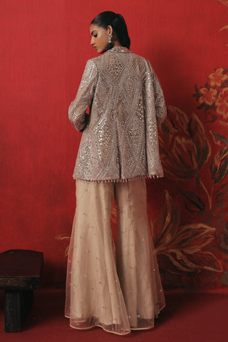 Back view of the box pleat blazer and flared pants, silver ziya blazer sharara set by Twenty Nine at Mrs. G