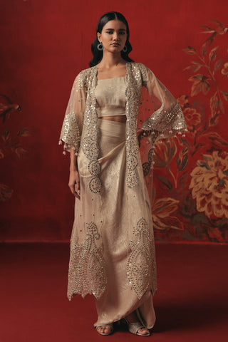 Full-length front view with the cape open over the bandeau and skirt, pearl silver ziya cape set by Twenty Nine at Mrs. G