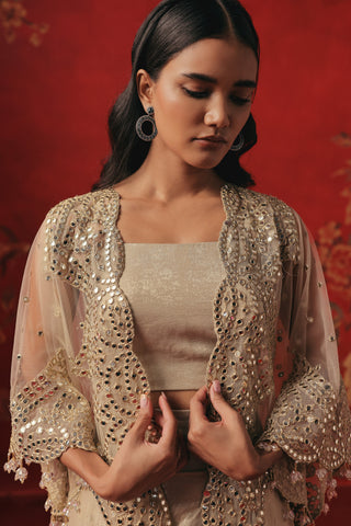 Close-up of the mirror work and scalloped lace edge on the cape, pearl silver ziya cape set by Twenty Nine at Mrs. G