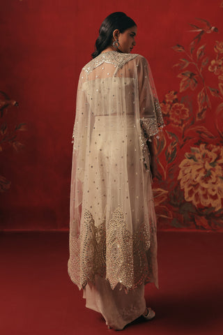 Back view of the long sheer cape over the pick-up skirt, pearl silver ziya cape set by Twenty Nine at Mrs. G