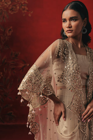 Side view of the cape with a bell sleeve and mirror work clusters, pearl silver ziya cape set by Twenty Nine at Mrs. G