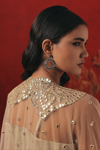 Back shoulder view of the cape with a mirror work yoke, pearl silver ziya cape set by Twenty Nine at Mrs. G