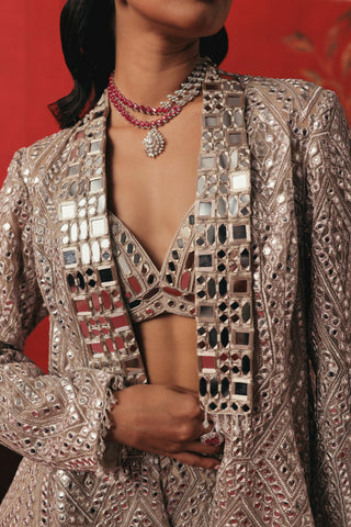 Close-up of the mirror work lapel and bralette under the jacket, pearl silver ziya jacket sharara set by Twenty Nine at Mrs. G