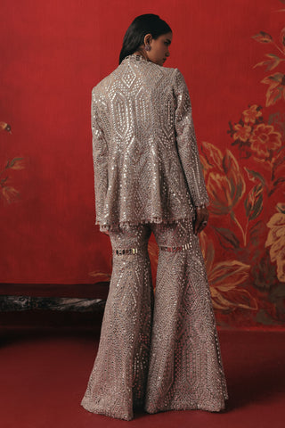 Back view of the peplum jacket with geometric embroidery, pearl silver ziya jacket sharara set by Twenty Nine at Mrs. G