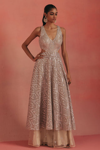 Full-length front view of the V-neck mirror work dress over wide shararas, silver ziya mirrorwork kurta set by Twenty Nine at Mrs. G