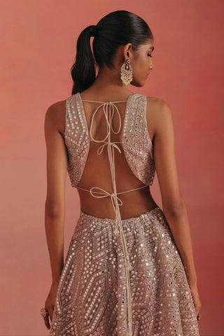 Back view of the open tie-back with mirror work on the skirt, silver ziya mirrorwork kurta set by Twenty Nine at Mrs. G