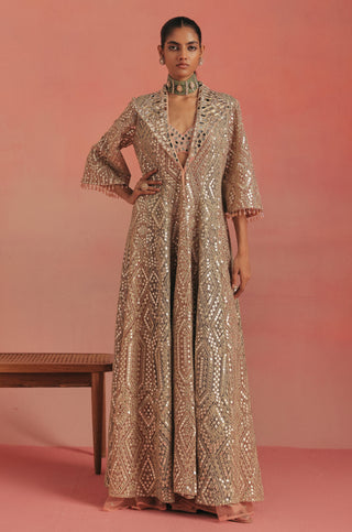 Full-length front view of the long anarkali jacket with a wing collar, pink ziya anarkali jacket set by Twenty Nine at Mrs. G