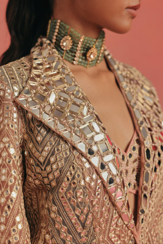 Close-up of the wing collar with geometric mirror embroidery, pink ziya anarkali jacket set by Twenty Nine at Mrs. G