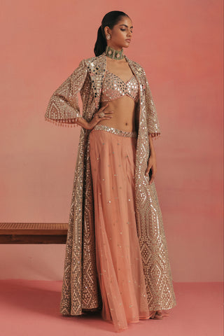 Full-length view of the jacket open over the bralette and flared skirt pants, pink ziya anarkali jacket set by Twenty Nine at Mrs. G
