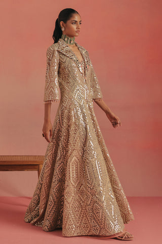 Three-quarter side view of the flared anarkali jacket in motion, pink ziya anarkali jacket set by Twenty Nine at Mrs. G