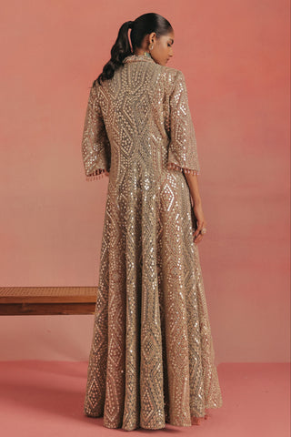 Back view of the full-length jacket with geometric mirror embroidery, pink ziya anarkali jacket set by Twenty Nine at Mrs. G