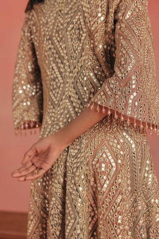 Close-up of the tasseled bell sleeve and mirror embroidery, pink ziya anarkali jacket set by Twenty Nine at Mrs. G