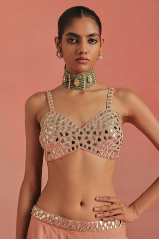 Waist-up view of the mirror work bralette and embellished waistband, pink ziya anarkali jacket set by Twenty Nine at Mrs. G