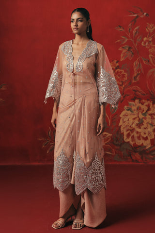 Full-length front view of the long jacket open over the bandeau and skirt, pink ziya jacket set by Twenty Nine at Mrs. G