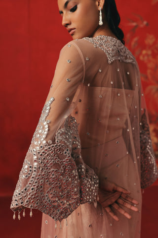 Close-up of the mirror work and hanging drops on the bell sleeve, pink ziya jacket set by Twenty Nine at Mrs. G