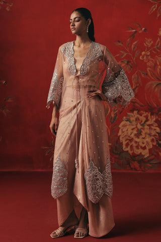 Three-quarter view of the long jacket with a scalloped lace hem, pink ziya jacket set by Twenty Nine at Mrs. G