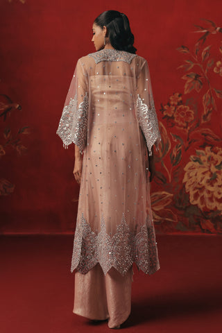 Back view of the long tulle jacket with a scalloped hem, pink ziya jacket set by Twenty Nine at Mrs. G