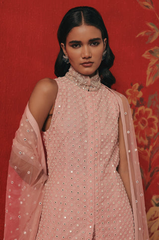 Close-up of the band collar and sequin work on the tunic, pink lemonade ziya mirrorwork sharara set by Twenty Nine at Mrs. G