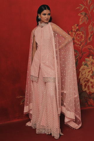 Front view of the set with the dupatta draped loosely, pink lemonade ziya mirrorwork sharara set by Twenty Nine at Mrs. G