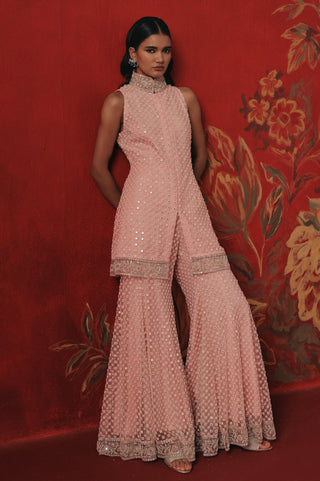 Full-length view of the tunic and flared sharara with a border hem, pink lemonade ziya mirrorwork sharara set by Twenty Nine at Mrs. G