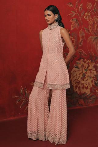 Front view showing the embellished hem borders of the tunic and sharara, pink lemonade ziya mirrorwork sharara set by Twenty Nine at Mrs. G