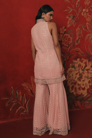 Back view of the sleeveless tunic and flared sharara, pink lemonade ziya mirrorwork sharara set by Twenty Nine at Mrs. G