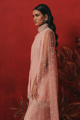 Side view of the dupatta falling from the shoulder, pink lemonade ziya mirrorwork sharara set by Twenty Nine at Mrs. G