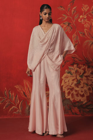 Full-length front view of the overlap top and flared bootcut pants, pink ziya overlap co-ord set by Twenty Nine at Mrs. G