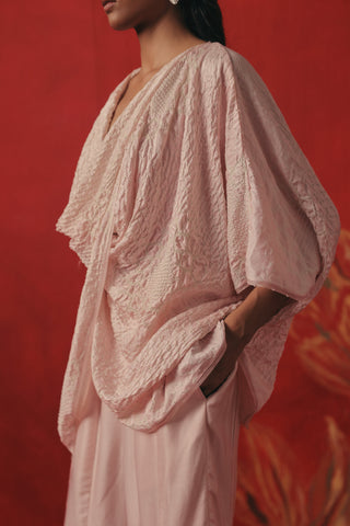 Close-up of the cowl drape and wide sleeve of the overlap top, pink ziya overlap co-ord set by Twenty Nine at Mrs. G
