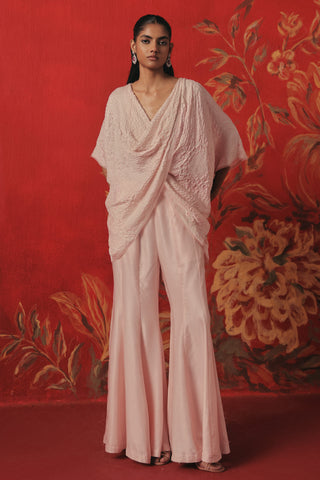 Full-length front view with the overlap crossing at the chest, pink ziya overlap co-ord set by Twenty Nine at Mrs. G