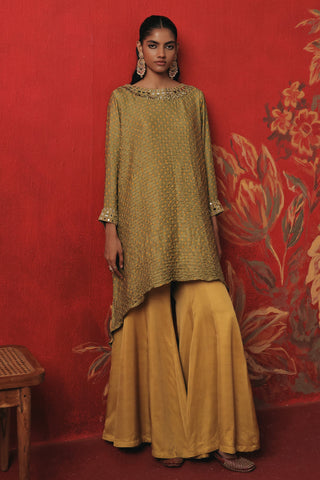 Full-length front view of the bandhani tunic over flared mustard pants, sage green ziya boatneck kurta set by Twenty Nine at Mrs. G