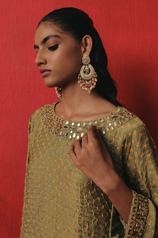 Close-up of the mirror work on the boat neckline, sage green ziya boatneck kurta set by Twenty Nine at Mrs. G