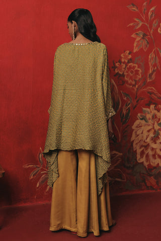 Back view of the loose tunic over the bootcut pants, sage green ziya boatneck kurta set by Twenty Nine at Mrs. G