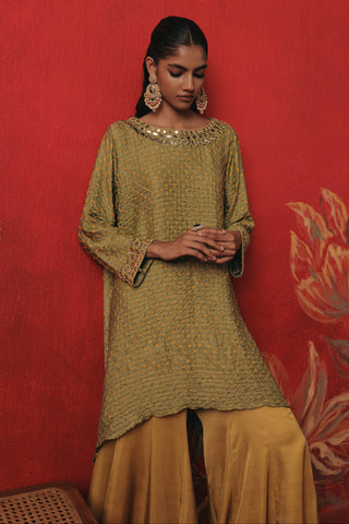 Waist-up front view of the tunic with mirror work at the neck, sage green ziya boatneck kurta set by Twenty Nine at Mrs. G