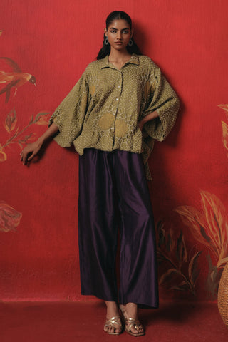 Full-length front view of the long shirt and purple palazzos, sage green ziya oversized long shirt with palazzo by Twenty Nine at Mrs. G