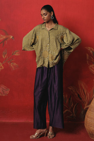 Front view with both hands on the hips and the wide sleeves out, sage green ziya oversized long shirt with palazzo by Twenty Nine at Mrs. G