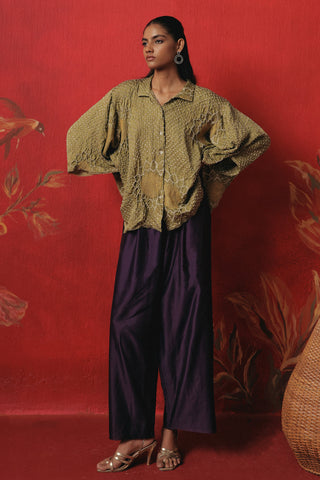 Front view with one hand at the waist, sage green ziya oversized long shirt with palazzo by Twenty Nine at Mrs. G
