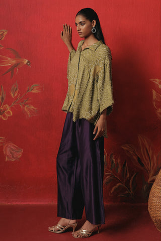 Side view of the long shirt and palazzos, sage green ziya oversized long shirt with palazzo by Twenty Nine at Mrs. G