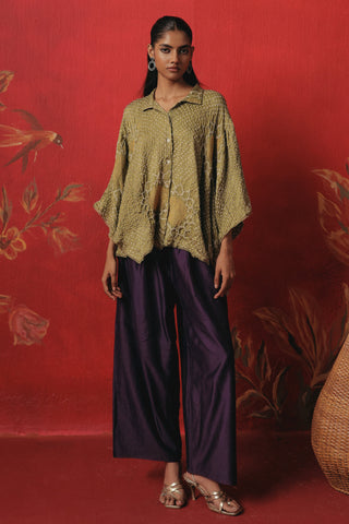 Front view of the buttoned shirt with wide sleeves, sage green ziya oversized long shirt with palazzo by Twenty Nine at Mrs. G