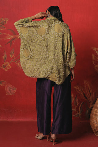 Back view with the shirt held wide over the purple palazzos, sage green ziya oversized long shirt with palazzo by Twenty Nine at Mrs. G