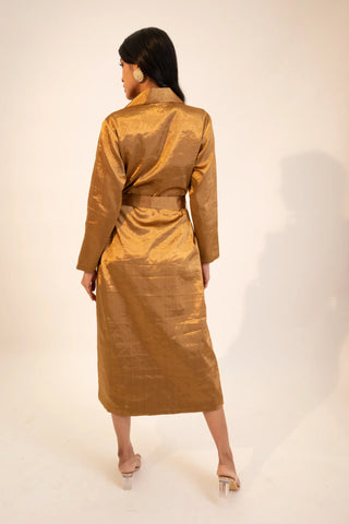 Beige zari tissue dark gold trench coat