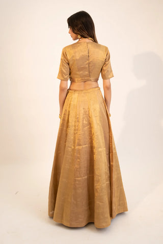 Beige zari tissue gold lehenga & blouse paired with yellow dupatta
