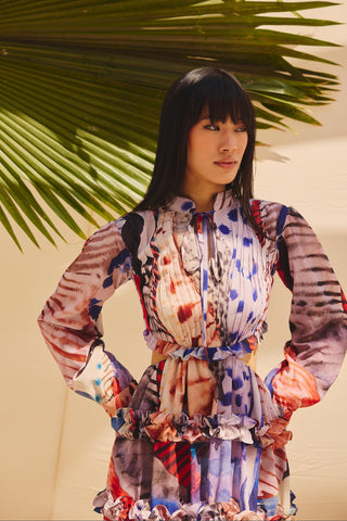 Multicolor pleats & palettes art zip dress