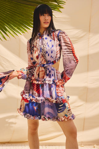 Multicolor pleats & palettes art zip dress