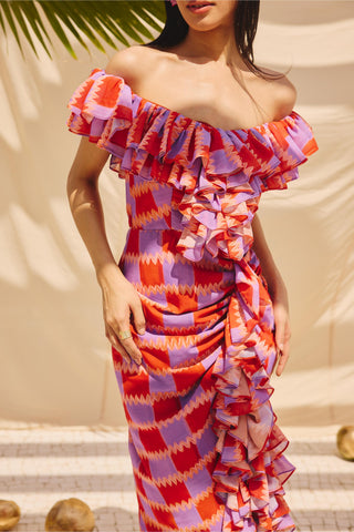 Multicolor frill fantasy art zip dress